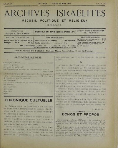 Archives israélites de France. Vol.96 N°70-71 (24 mai 1934)